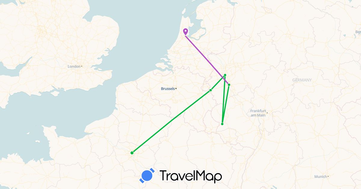TravelMap itinerary: driving, bus, train in France, Netherlands (Europe)